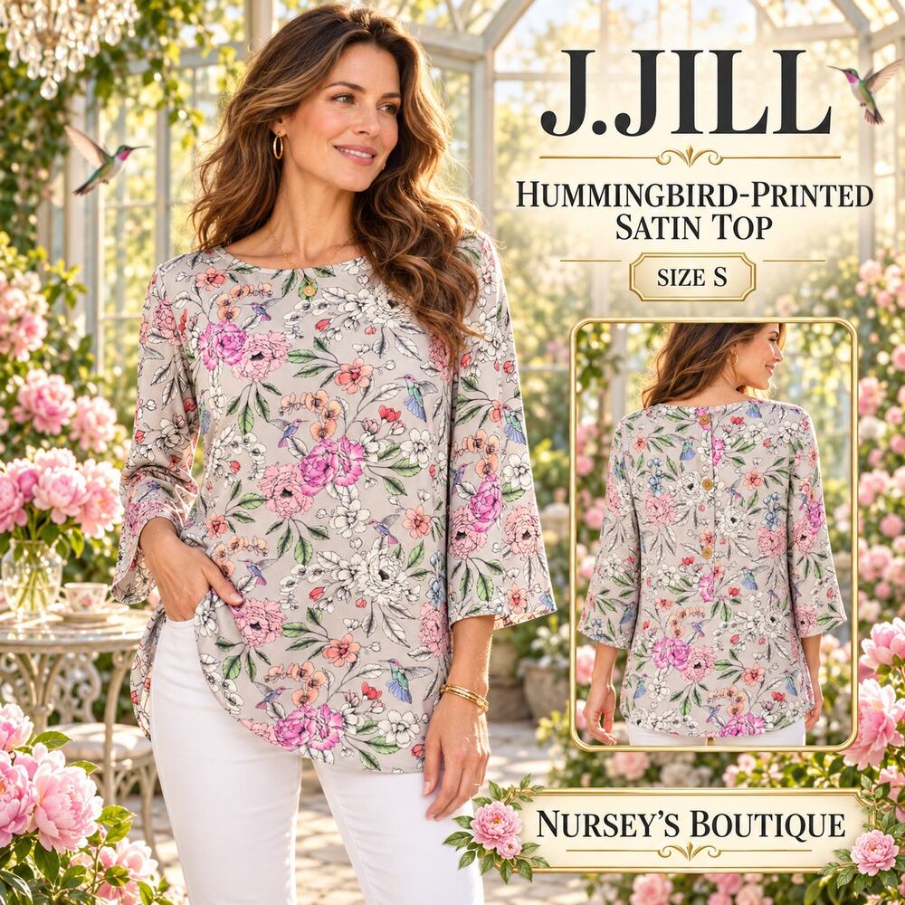 J.Jill Hummingbird Printed Satin Top Floral Bell Sleeve Button Back S